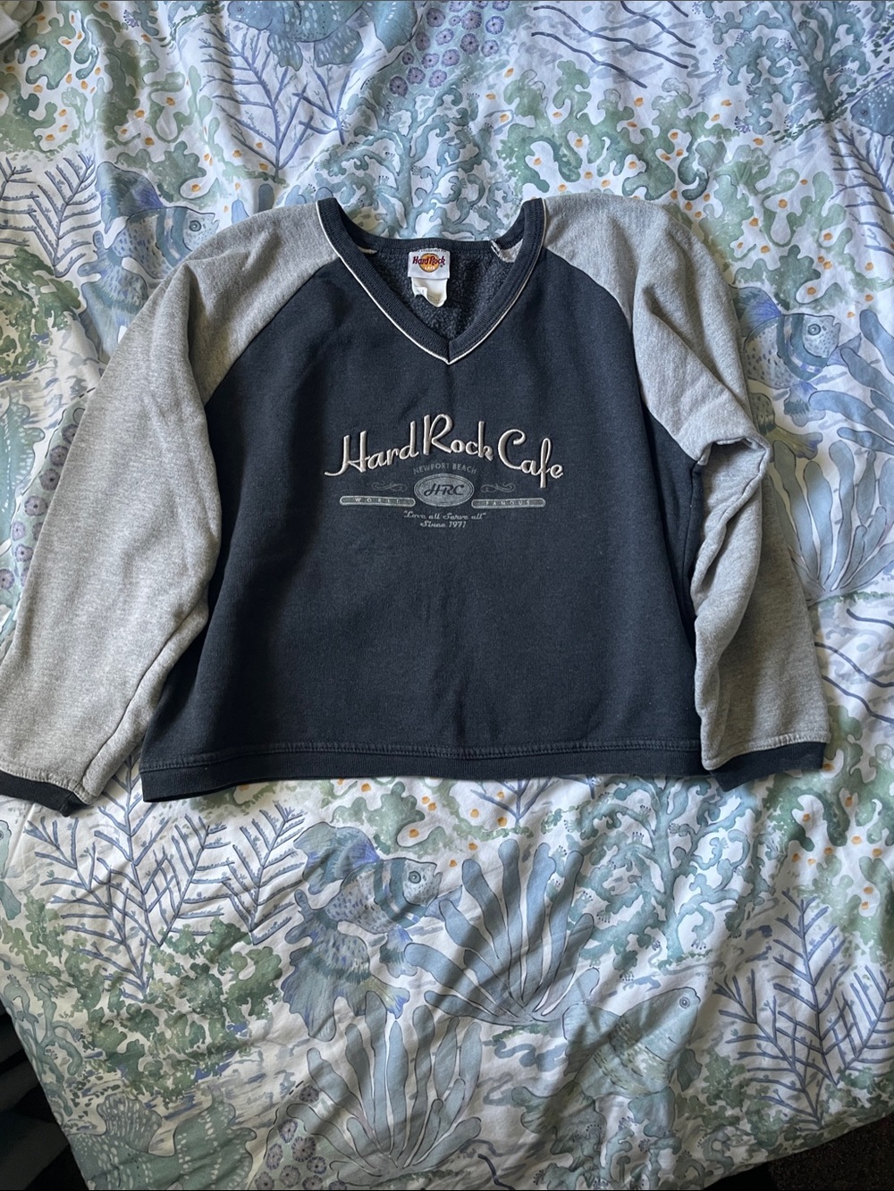 Vintage 90’s Hard Rock Cafe Cropped Black & Gray V‑Neck Raglan Sweatshirt